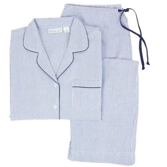 Women"s Navy and white seersucker striped pajama set