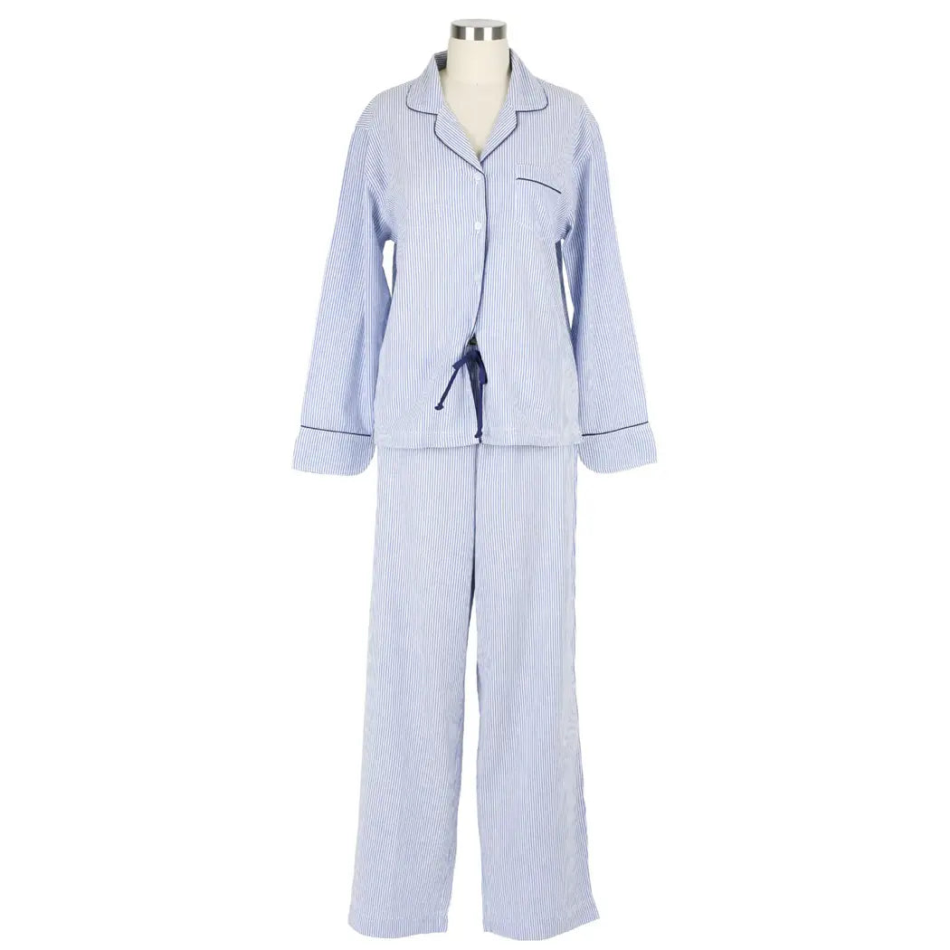 Women"s Navy and white seersucker striped pajama set