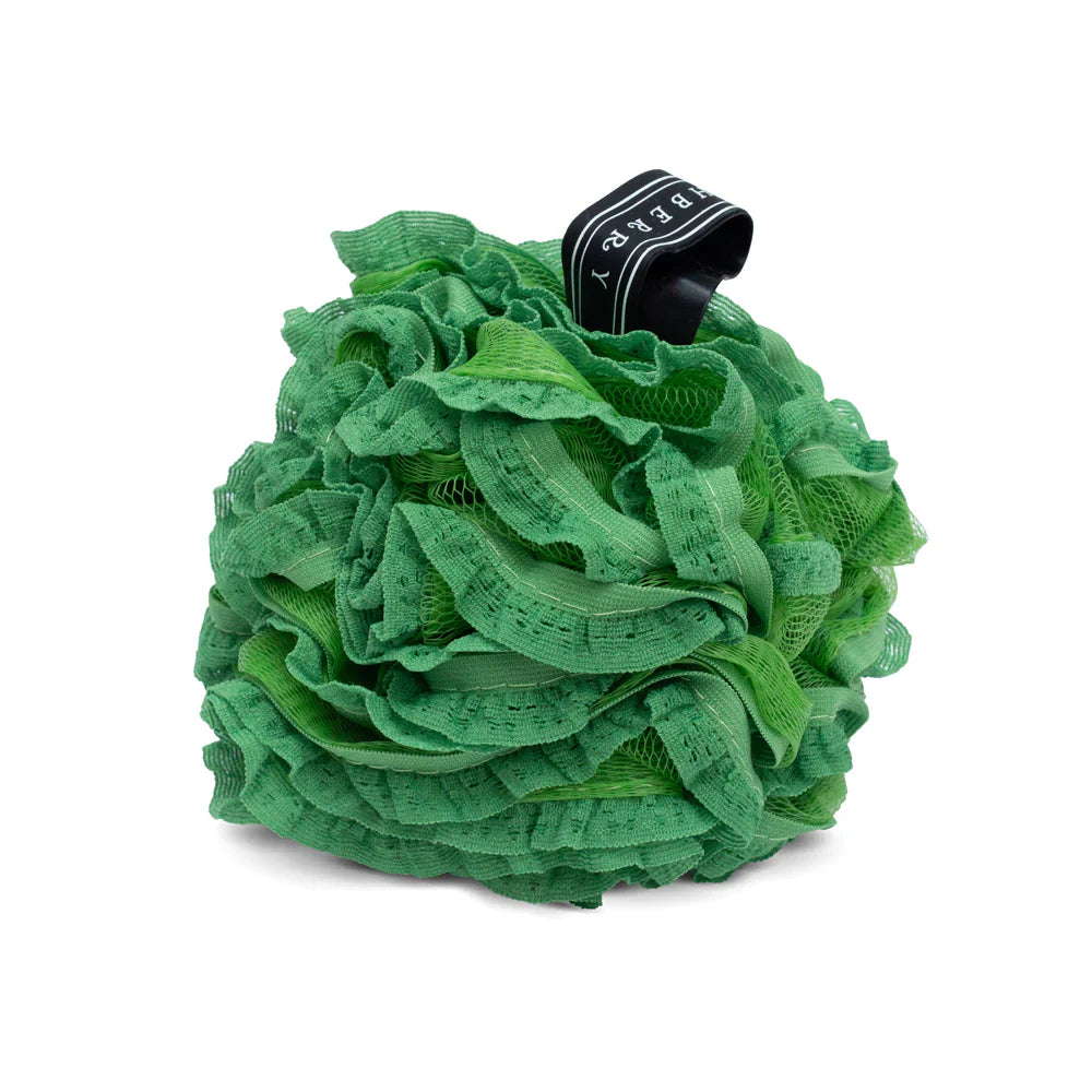 Green Finchberry loofah with a black handle on a white background.