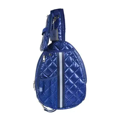 Blue quilted pickleball crossbody sling bag holds two paddles and 2 balls in front mesh pocket
