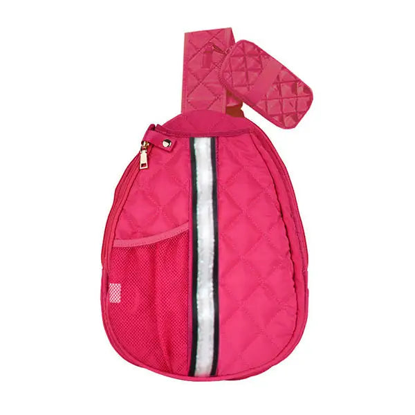 Pink quilted pickleball crossbody sling bag holds two paddles and 2 balls in front mesh pocket