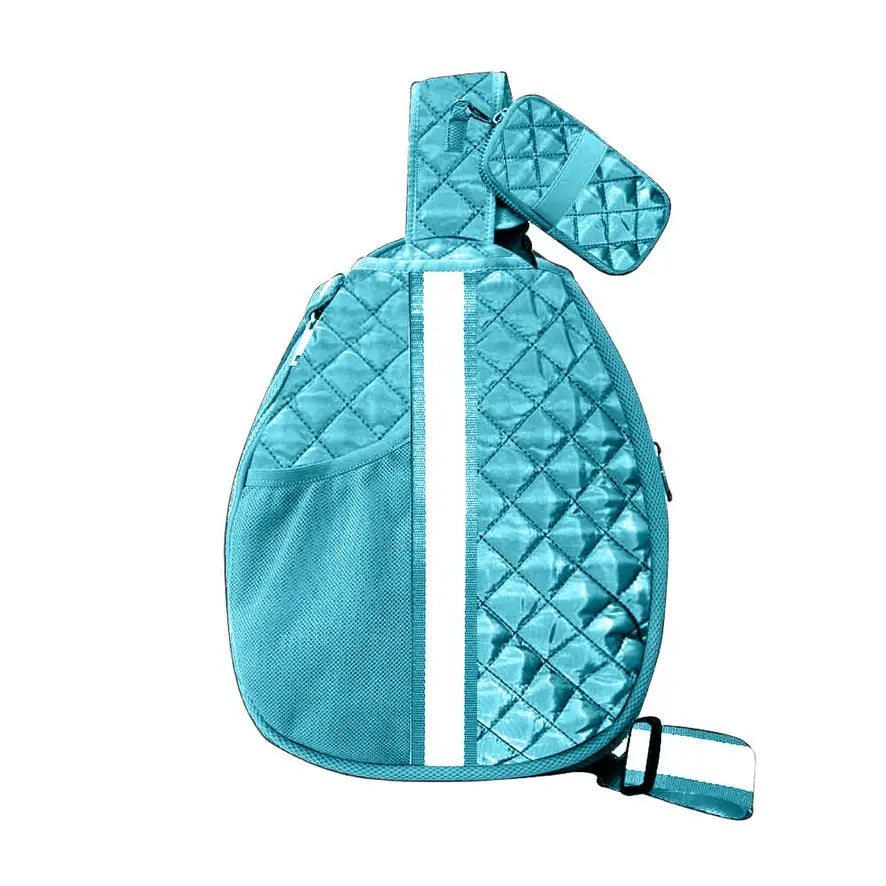 Seafoam quilted pickleball crossbody sling bag holds two paddles and 2 balls in front mesh pocket
