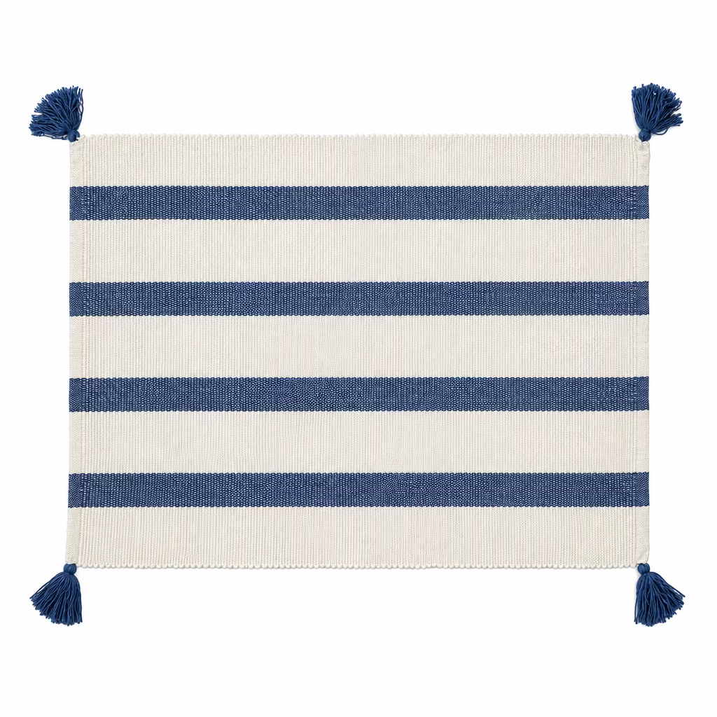 navy and white striped placemat with navy tassels on the corners