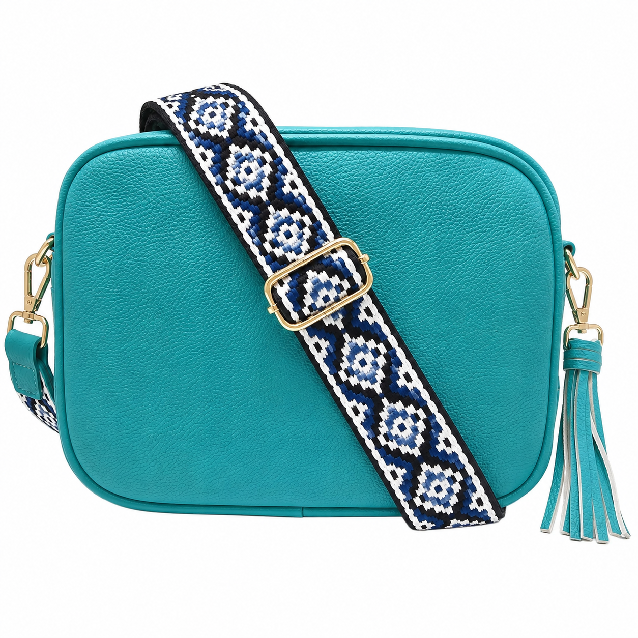 Caribbean blue camera bag with clipped decorative tassel and zip closure with geometric strap with gold hardware.