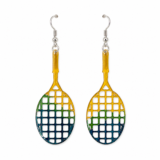 Yellow, green and navy colorful resin hand made tennis racket earrings