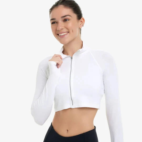 WOMEN'S FULL ZIP CROP TOP - White