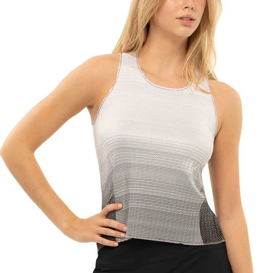 Woman wearing a white and gray gradient K-Swiss tank top 