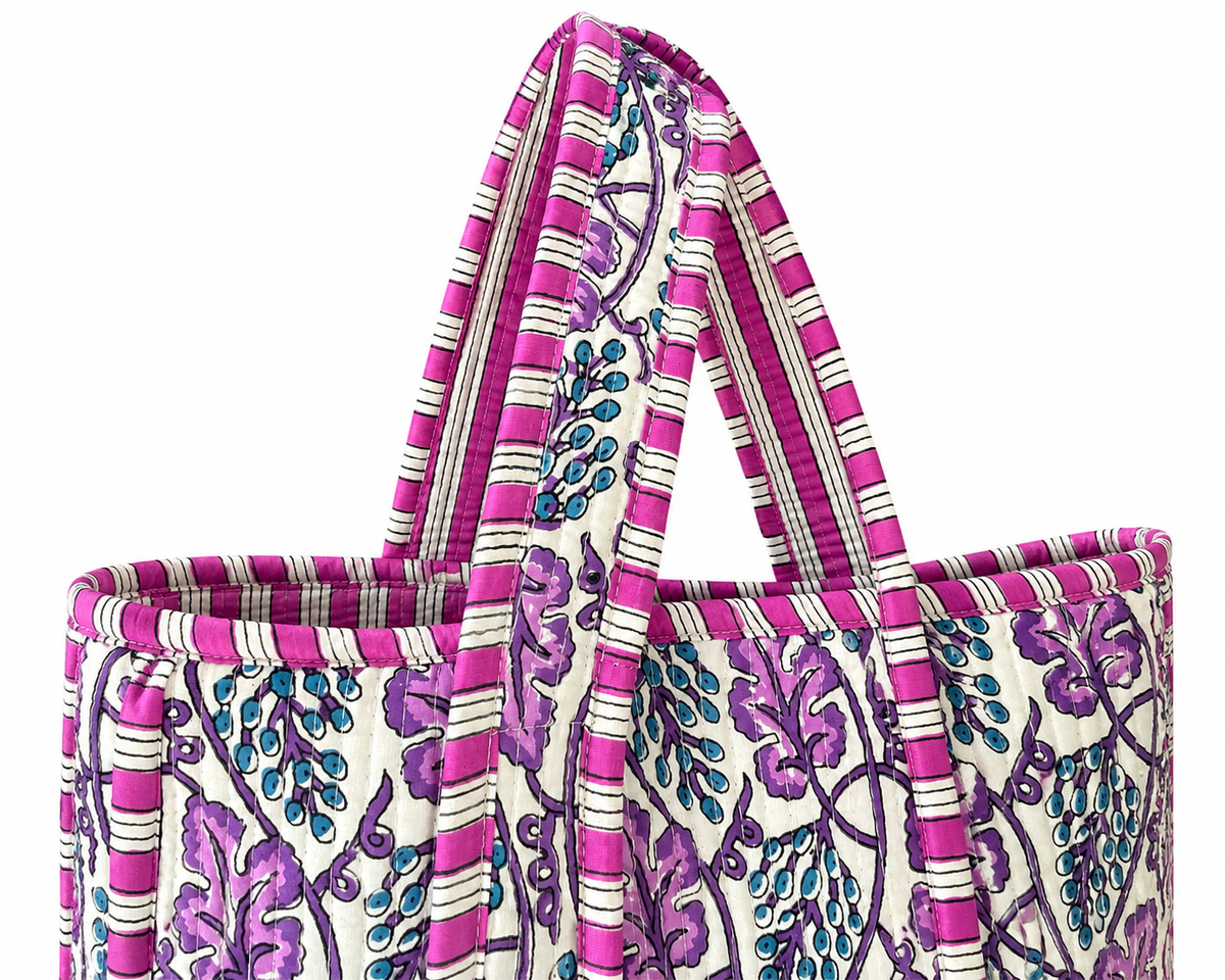 Pink Floral Block Print Cotton Tote Bag - Pickleball
