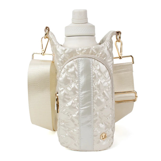 White quilted water bottle holder with gold accents made by Lemonbella