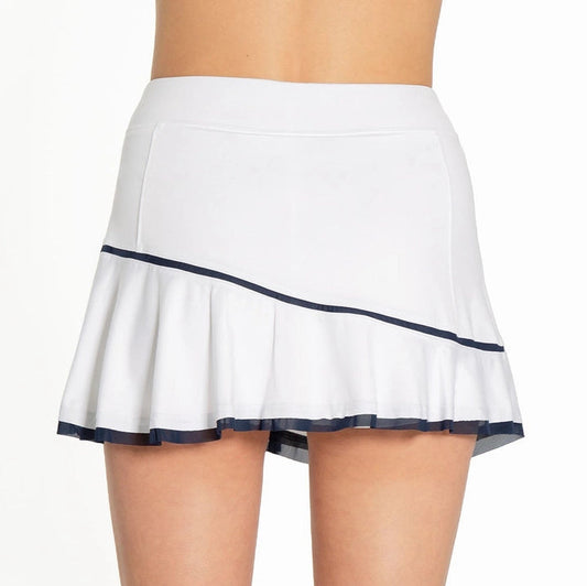 White athletic tennis or pickleball skirt with a diagonal seam and navy blue trim, shown on a model from the back against a white background.