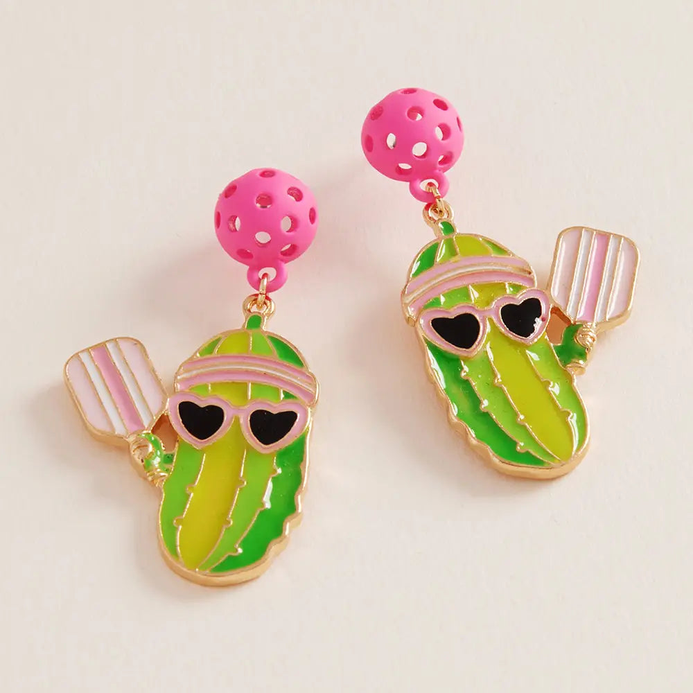 Pickleball earrings featuring heart sunglasses, striped paddles, and bright hot pink pickleballs