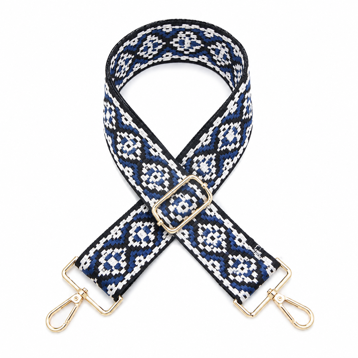 Geometric strap with gold hardware.