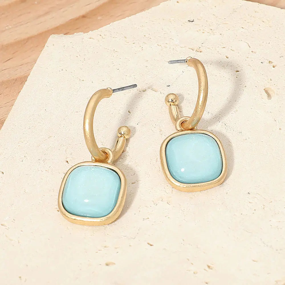 Square Stone Drop Hoop Earrings in Aqua and Worn Gold