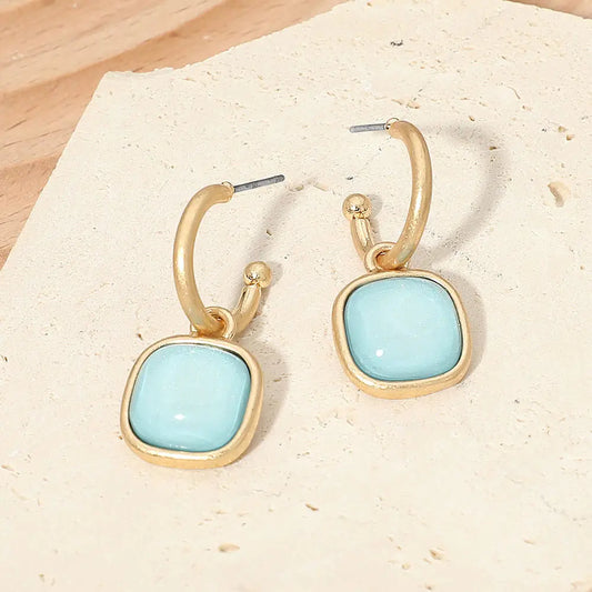Square Stone Drop Hoop Earrings in Aqua and Worn Gold