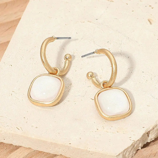 Square Stone Drop Hoop Earrings - White/Worn Gold