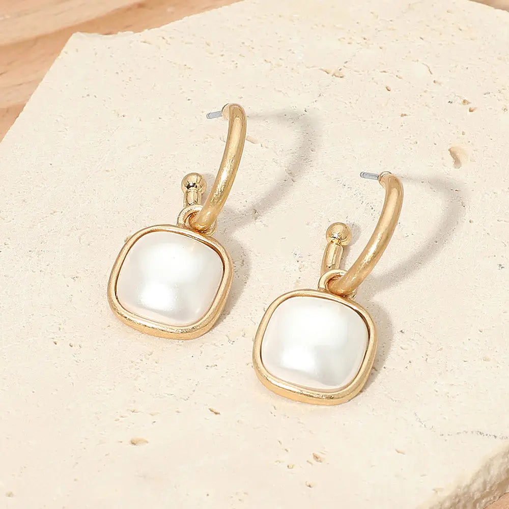 Square Stone Drop Hoop Earrings in Cream and Worn Gold