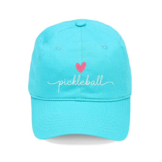 Aqua cap with 'pickleball' and a heart design on a white background