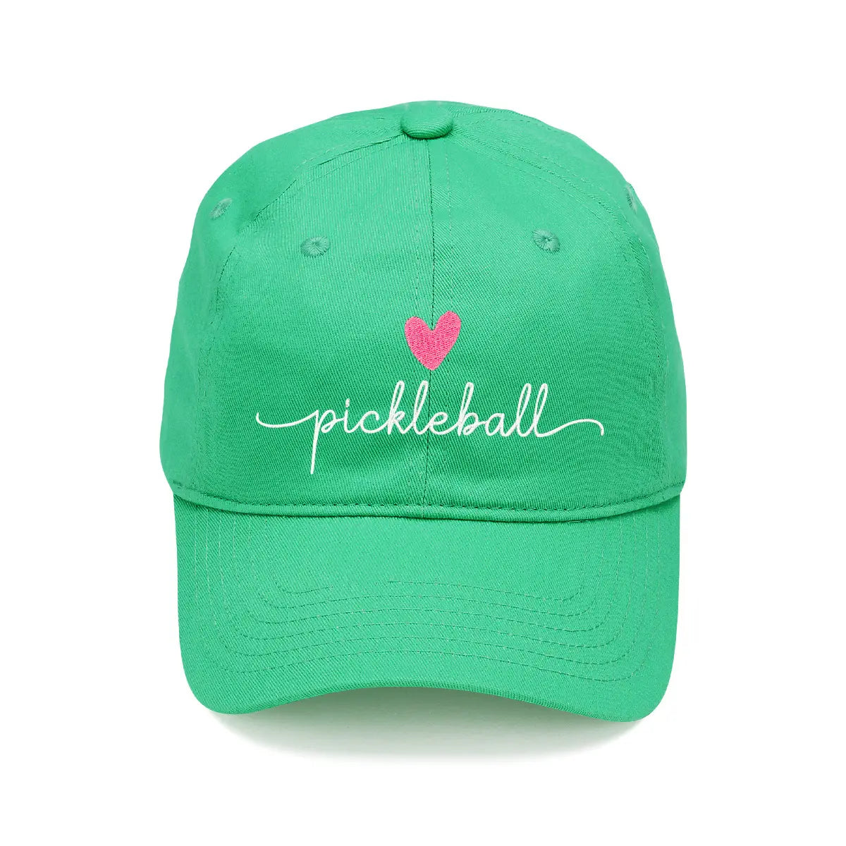 Green blue cap with 'pickleball' text and pink heart on a white background