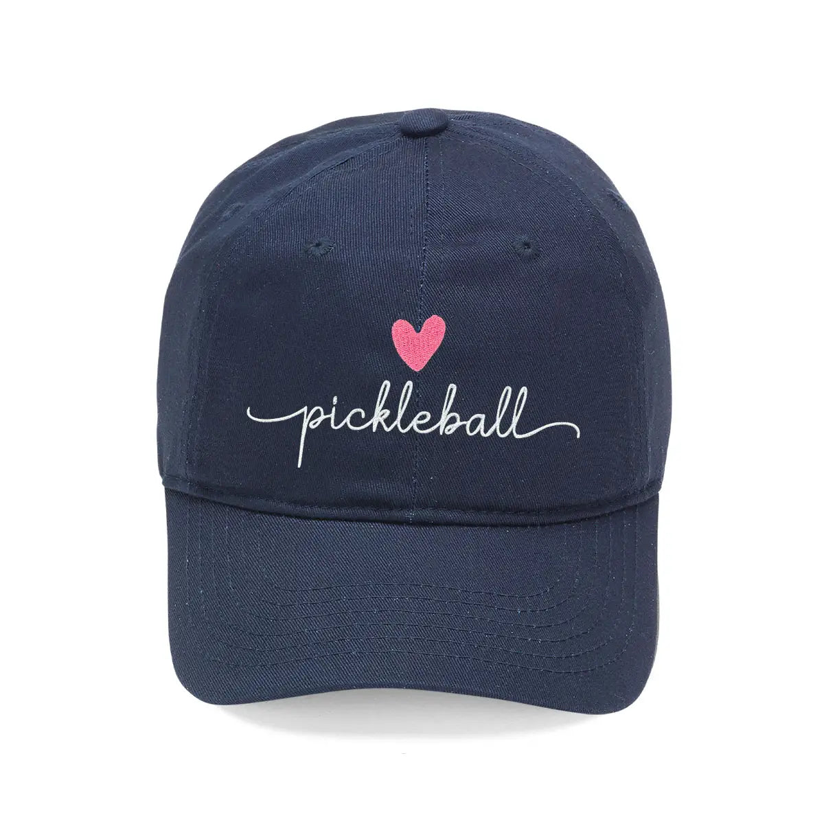 Navy blue cap with 'pickleball' text and pink heart on a white background