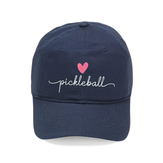 Navy blue cap with 'pickleball' text and pink heart on a white background