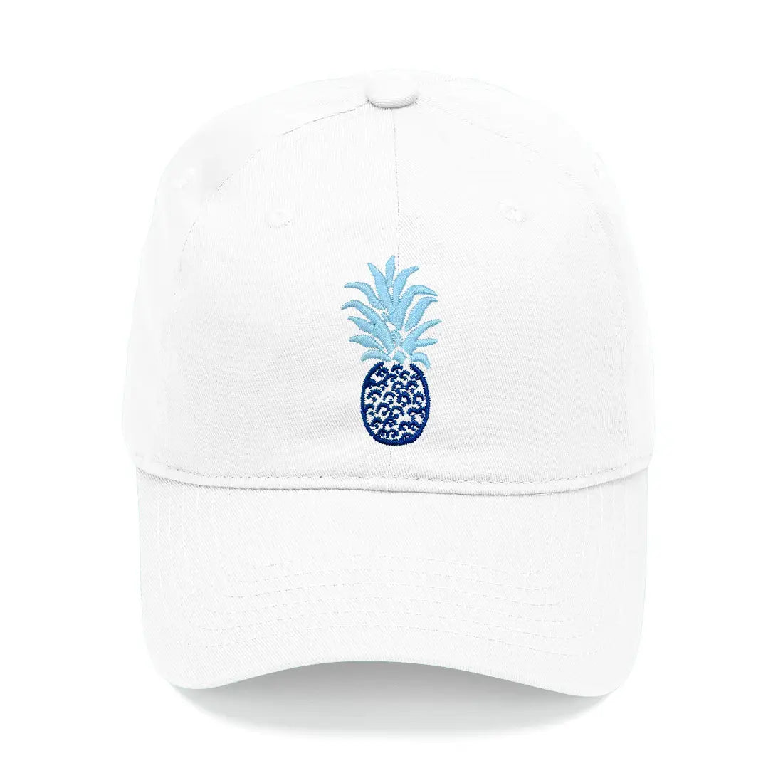 White cap with a blue pineapple design on a white background