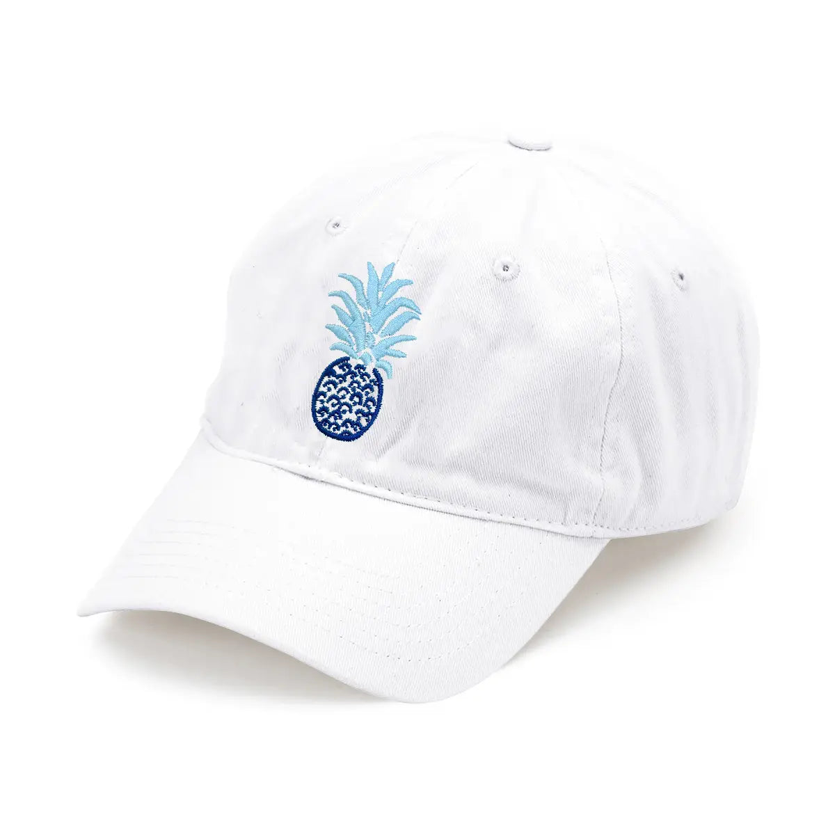 White cap with blue pineapple design on a white background