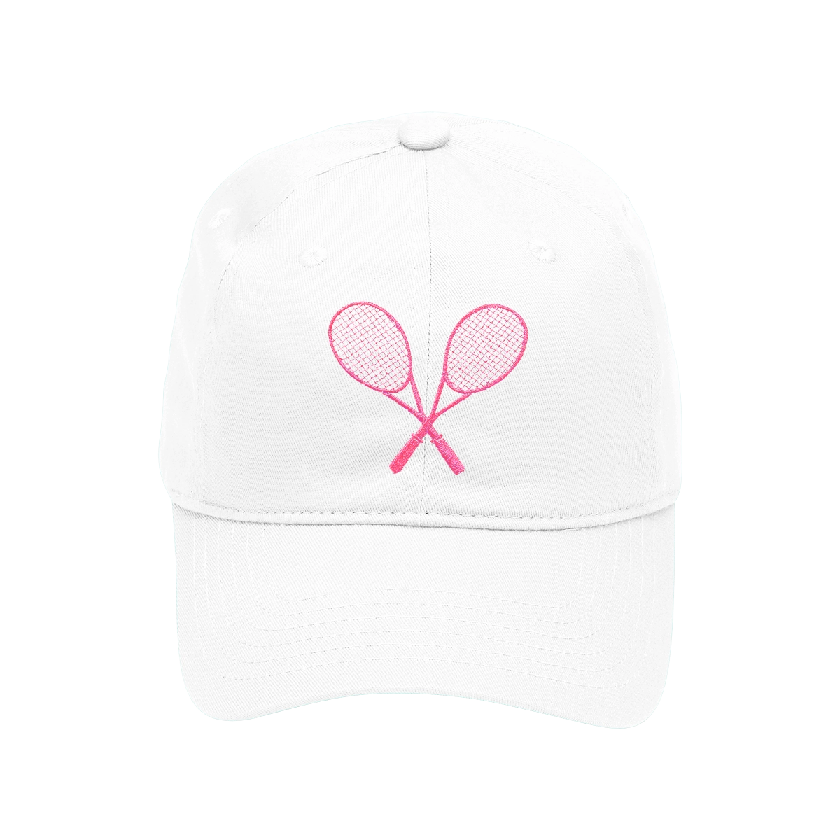 White cap with pink embroidered tennis racket design on a white background

