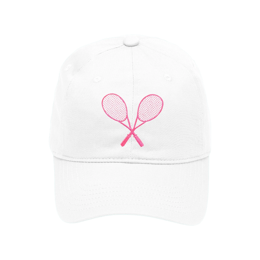 White cap with pink embroidered tennis racket design on a white background

