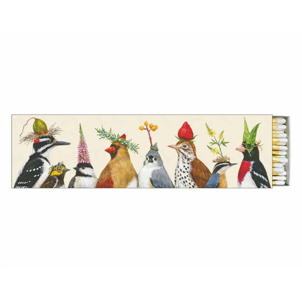 Long Matchbox of matches with illustrations of various birds; titled Party Central by PPD