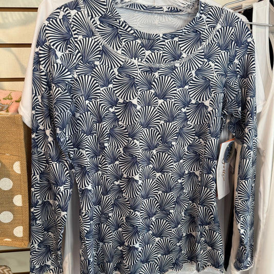 KATE LONG SLEEVE TOP WITH PEARL EDGE - Navy/White Shell Pattern