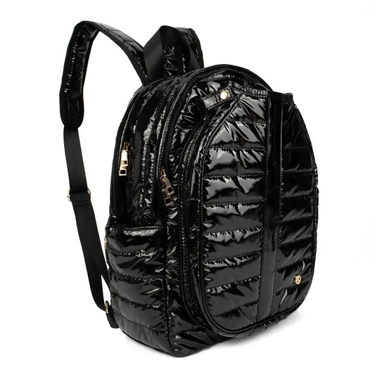 Quilted nylon backpack with specialized pickleball paddle storage and a sporty aesthetic in shiny quilted slate black