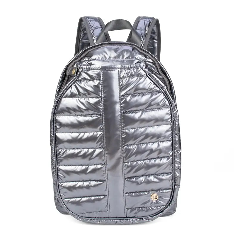 Front view of quilted nylon backpack with specialized paddle storage and a sporty aesthetic in shiny quilted steel gray silver