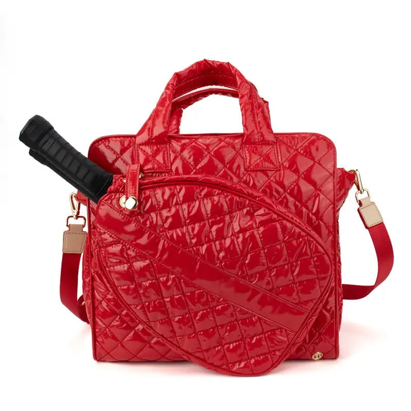 Pickleball court tote with a dedicated racquet pocket and interior organizational compartments in cherry red
