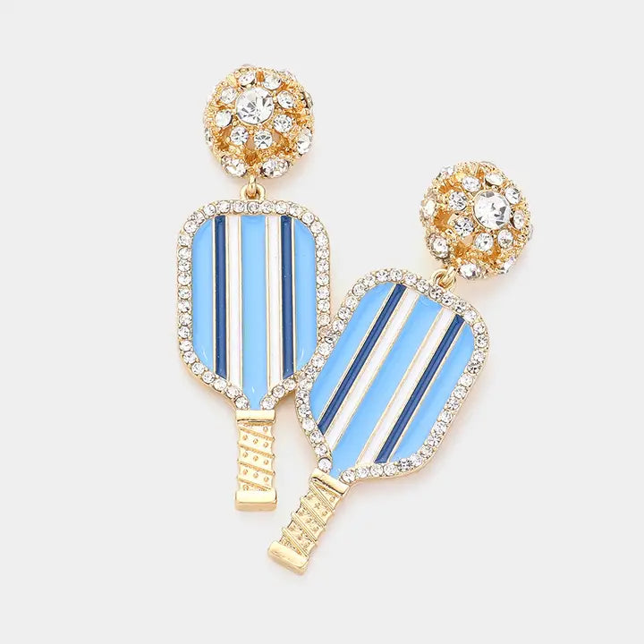 Enamel stone embellished dangling pickleball earrings in blue