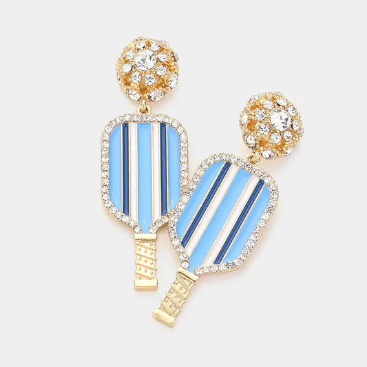 Enamel stone embellished dangling pickleball earrings in blue