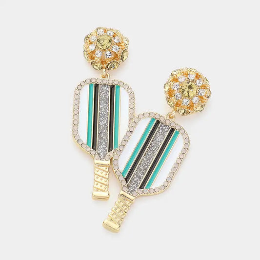 Enamel stone embellished dangling pickleball earrings in gold, green and black