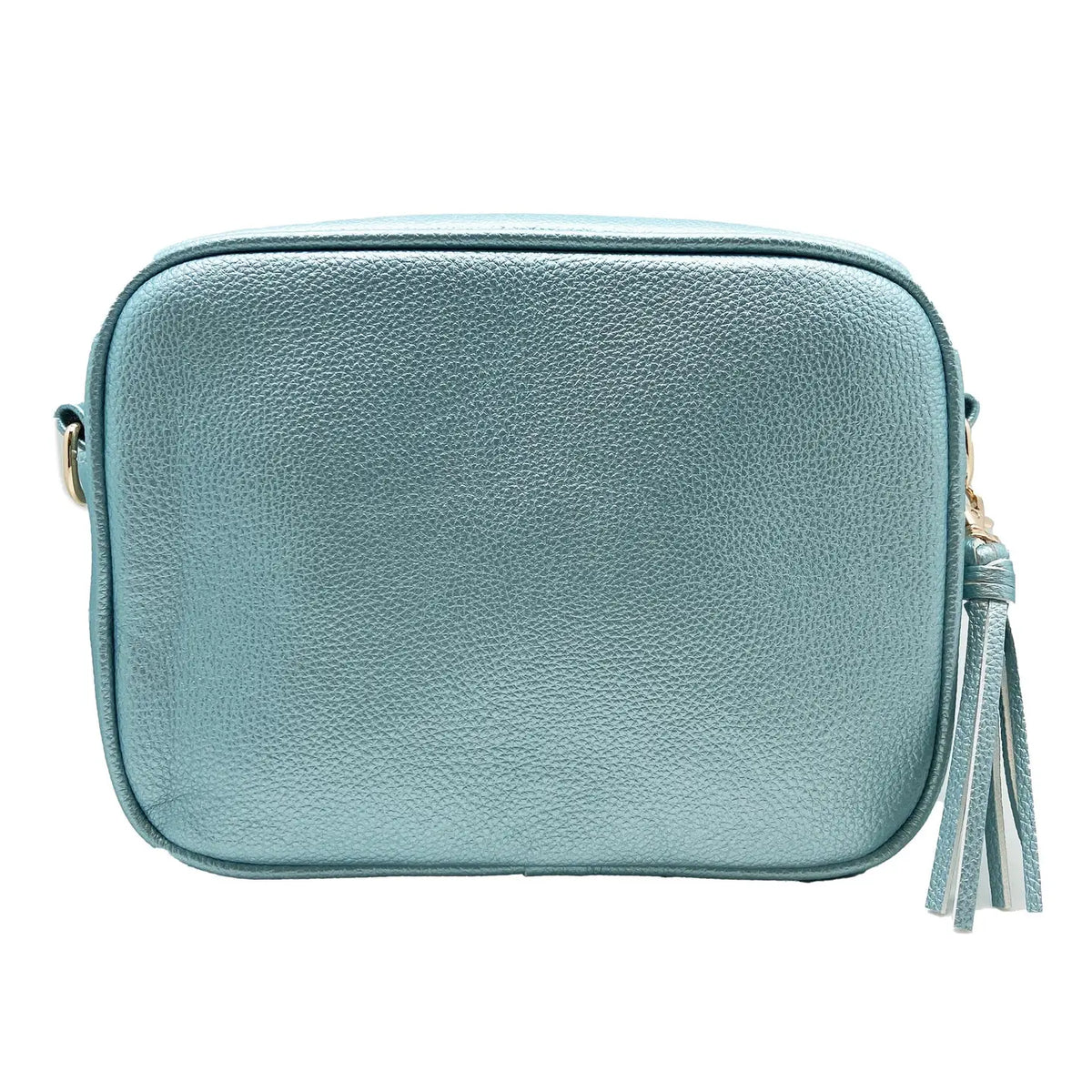 Ice blue faux leather crossbody bag with a matching tassel, zipper pull