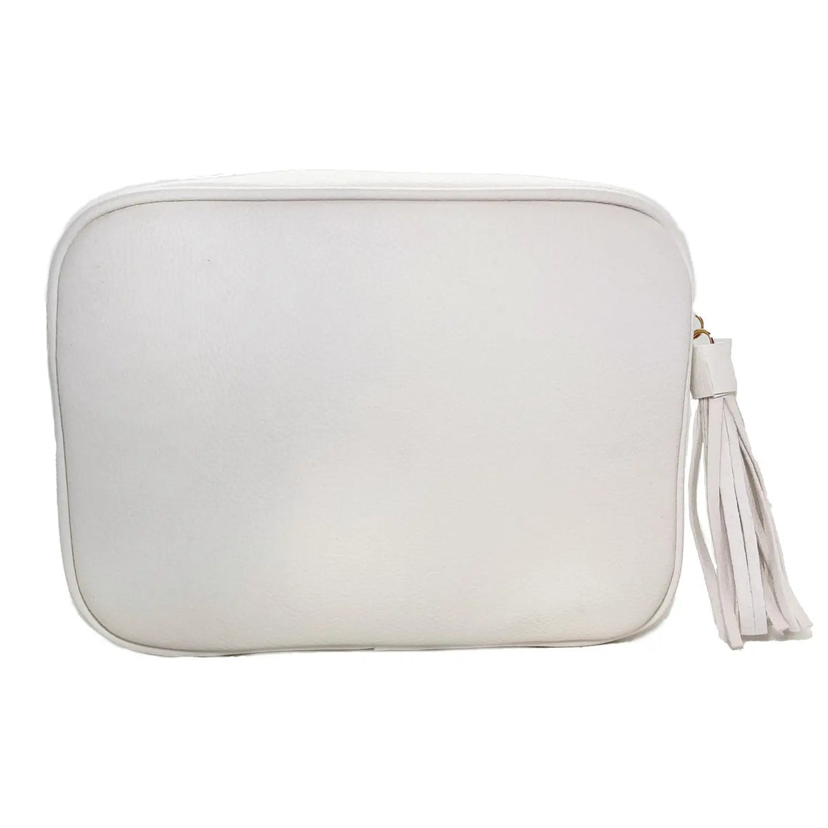 White faux-leather camera bag with rounded corners and a matching white leather tassel and zipper pull