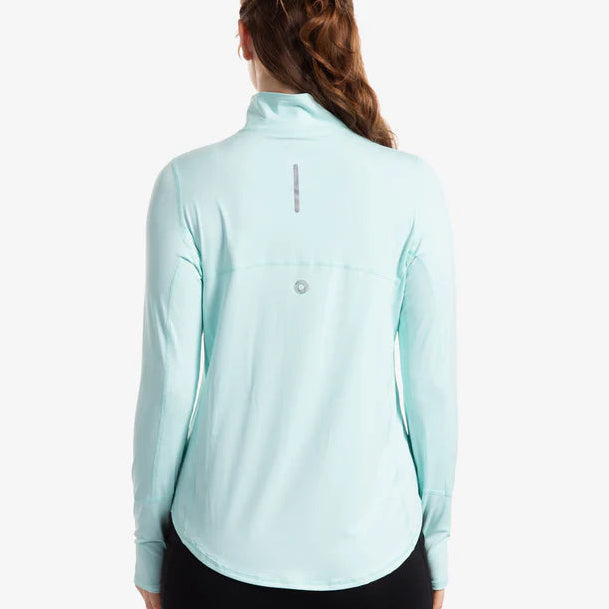 Back side of long sleeve Bloq-UV relaxed fit, half zip, 50 SPF, color mint, Style 3002