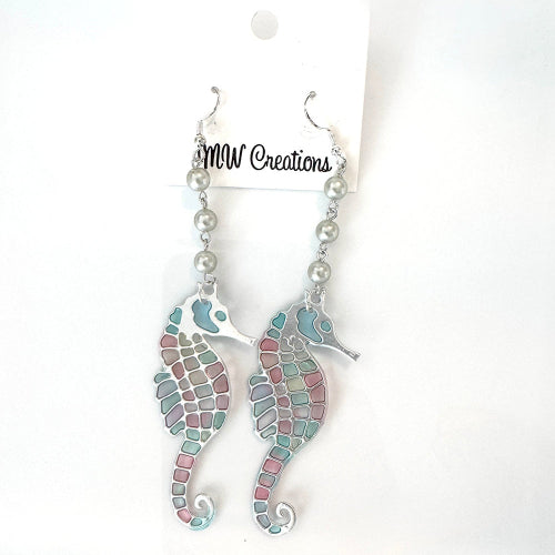 Back side of Seahorse earrings with mosaic design on a white background, branded 'MW Creations'.