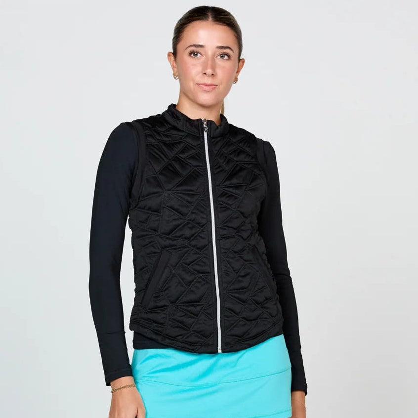 Front view of Sofibella black quilted vest.