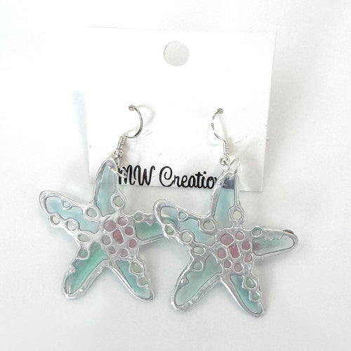Back side of Starfish-shaped earrings on a white card with 'MW Creations' branding.