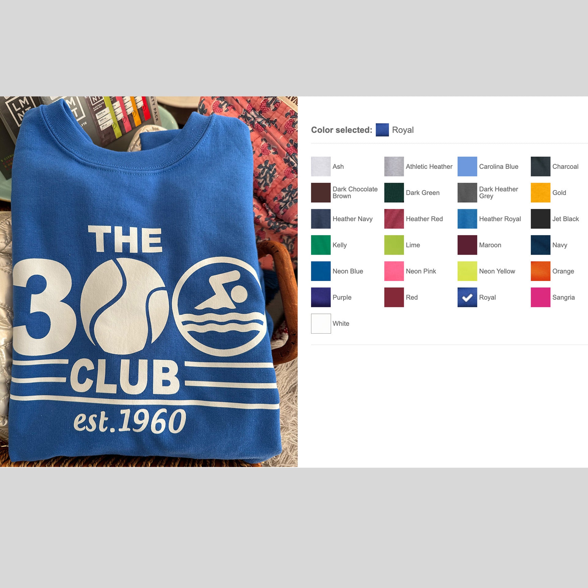 Cozy 300 Club Sweatshirt; comes in sizes S-XL, unisex, material is 7.8-ounce, 50/50 cotton/poly fleece
