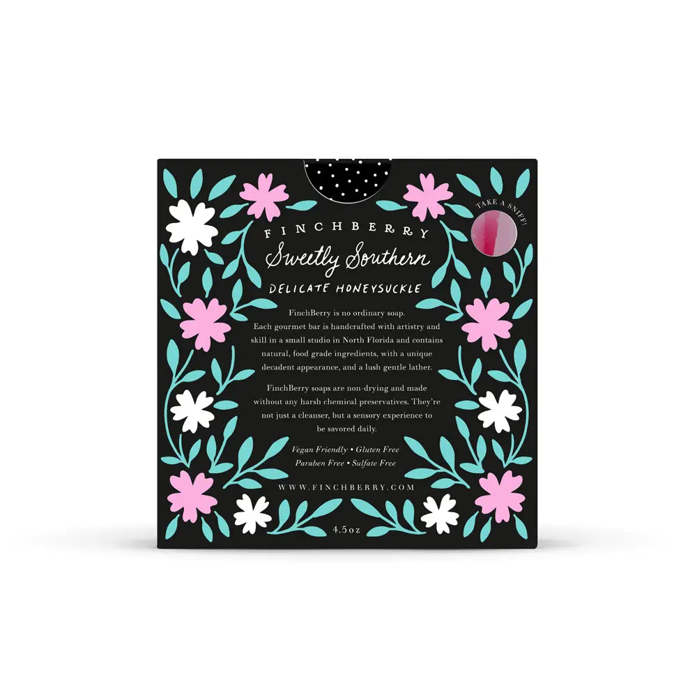 Finchberry product packaging with floral design on a white background
