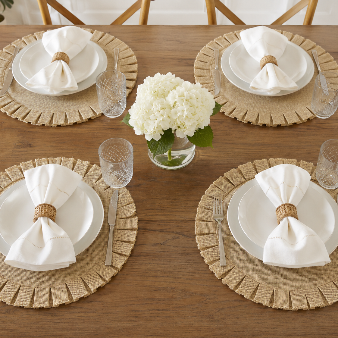 Picture of table set for four with Natural Burlap Ruffle Placemats