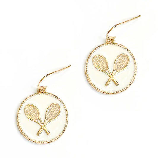 Circular white enamel earrings with gold tennis racket accents!