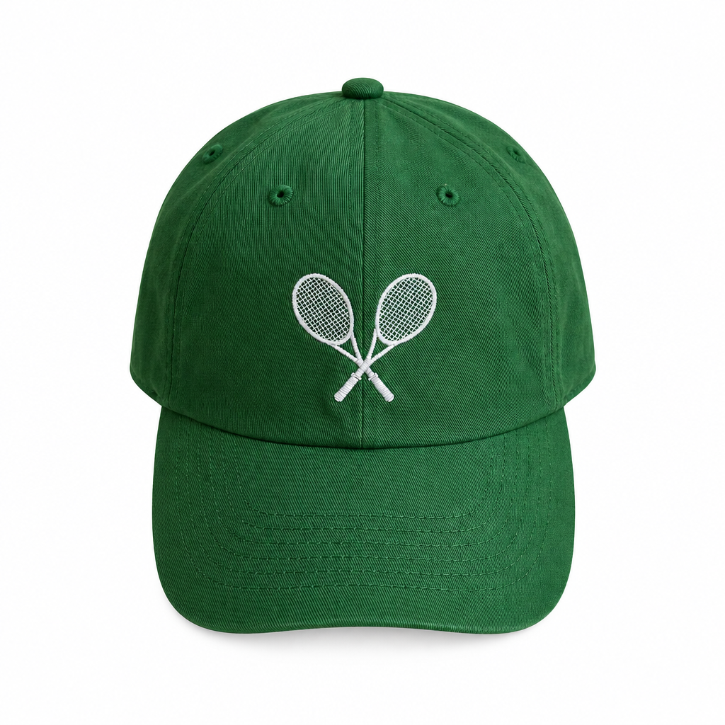 Green cotton hat with tennis rackets embroidered in white