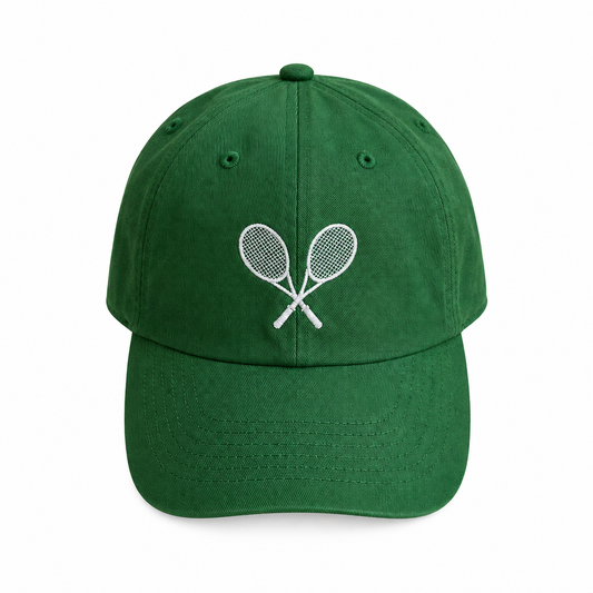 Green cotton hat with tennis rackets embroidered in white