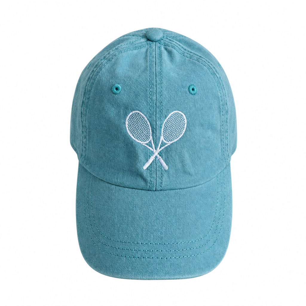 Mediterranean blue cotton hat with tennis rackets embroidered in white