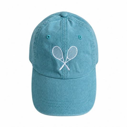 Mediterranean blue cotton hat with tennis rackets embroidered in white